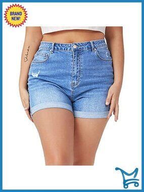 Women Plus Size High Waist Distressed Denim Shorts with Folded Hem